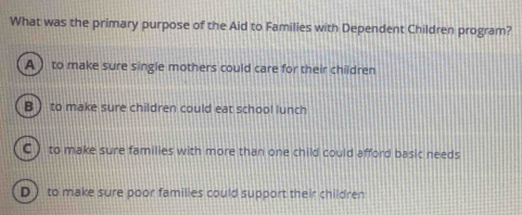 What was the primary purpose of the Aid to Families with Dependent Children program?
A ) to make sure single mothers could care for their children
B ) to make sure children could eat school lunch
C ) to make sure families with more than one child could afford basic needs
D) to make sure poor families could support their children