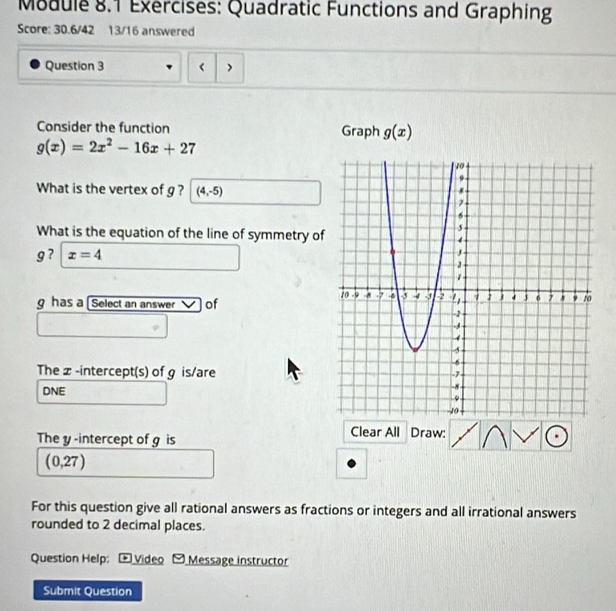 Module 8.1 Exercises: Quadratic Functions and Graphing 
Score: 30.6/42 13/16 answered 
Question 3 < > 
Consider the function Graph g(x)
g(x)=2x^2-16x+27
What is the vertex of g ? (4,-5)
What is the equation of the line of symmetry of
g ? x=4
g has a [Select an answer of 
Thex -intercept(s) of g is/are 
DNE 
The y -intercept of g is 
Clear All Draw:
(0,27)
For this question give all rational answers as fractions or integers and all irrational answers 
rounded to 2 decimal places. 
Question Help: P Video Message instructor 
Submit Question