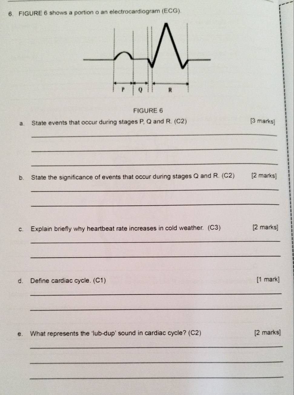 FIGURE 6 shows a portion o an electrocardiogram (ECG).
P Q R
FIGURE 6 
a. State events that occur during stages P, Q and R. (C2) [3 marks] 
_ 
_ 
_ 
b. State the significance of events that occur during stages Q and R. (C2) [2 marks] 
_ 
_ 
c. Explain briefly why heartbeat rate increases in cold weather. (C3) [2 marks] 
_ 
_ 
d. Define cardiac cycle. (C1) [1 mark] 
_ 
_ 
e. What represents the ‘lub-dup’ sound in cardiac cycle? (C2) [2 marks] 
_ 
_ 
_