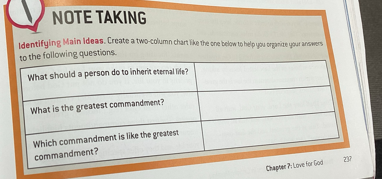 NOTE TAKING 
ldentifying Main Ideas. Create a two-column chart like the one below to help you organize your answers 
llowing questions.