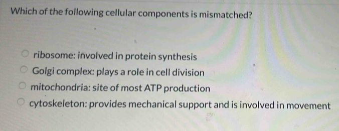 Which of the following cellular components is mismatched?
ribosome: involved in protein synthesis
Golgi complex: plays a role in cell division
mitochondria: site of most ATP production
cytoskeleton: provides mechanical support and is involved in movement