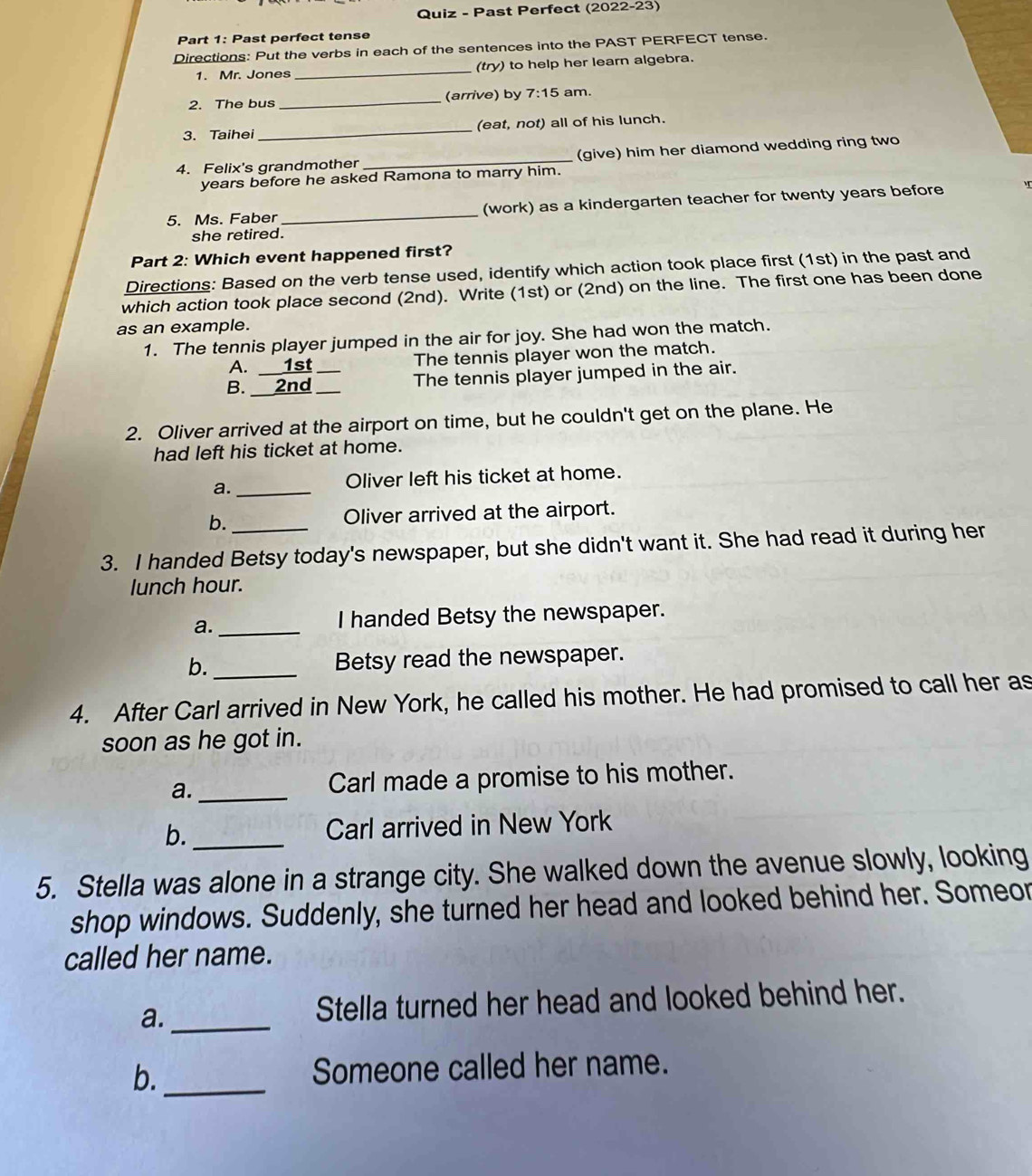 Solved: Quiz - Past Perfect (2022-23) Part 1: Past perfect tense ...