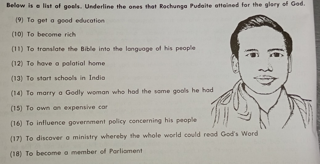 Below is a list of goals. Underline the ones that Rochunga Pudaite attained for the glory of God. 
(9) To get a good education 
(10) To become rich 
(11) To translate the Bible into the language of his people 
(12) To have a palatial home 
(13) To start schools in India 
(14) To marry a Godly woman who had the same goals he h 
(15) To own an expensive car 
(16) To influence government policy concerning his people 
(17) To discover a ministry whereby the whole world could read God's Word 
(18) To become a member of Parliament