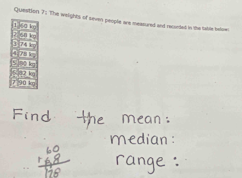 The weights of seven people are measured and recorded in the table below: 
1 60 kg
2 68k
3 74k
4 78
5 0