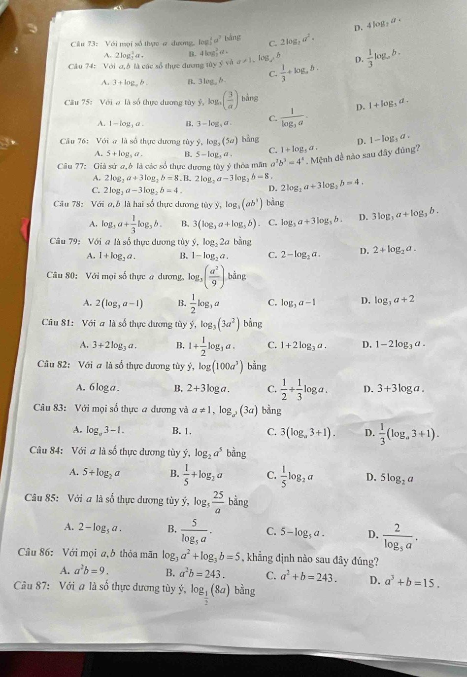 D. 4log _7a.
Cu 73: Với mọi số thực a dương, log _ 1/2 a^2 bằng C. 2log _2a^2.
A. 2log _3^(2a. B. 4log _3^2a.
Câu 74: Với a, b là các sổ thực dương tùy y yà a!= 1. log _2) D D.  1/3 log _ab.
C.  1/3 +log _ab.
A. 3+log _ab. B. 3log b .
Câu 75: Vớia là số thực dương tùy y i_x log _3( 3/a ) h  1/5 n o
D. 1+log _3a.
A. 1-log _3c 1 . B. 3-log _3a. C. frac 1log _3a.
Câu 76: Với a là số thực dương tùy dot y,log _5(5a) bhat ang D. 1-log _5a.
A. 5+log _5a. B. 5-log _5a. C. 1+log _5a.
Câu 77: Giả sử a,b là các số thực dương tùy ý thỏa mãn a^2b^3=4^4.  Mệnh đề nào sau đây đúng?
A. 2log _2a+3log _2b=8.B 2log _2a-3log _2b=8. 2log _2a+3log _2b=4.
C. 2log _2a-3log _2b=4.
D.
Câu 78: Với a, b là hai số thực dương tùy ý, log _3(ab^3) bằng
A. log _3a+ 1/3 log _3b. B. 3(log _3a+log _3b). C. log _3a+3log _3b. D. 3log _3a+log _3b.
Câu 79:  Với a là số thực dương tùy dot y,log _22a bằng
A. 1+log _2a. B. 1-log _2a. C. 2-log _2a. D. 2+log _2a.
Câu 80: Với mọi số thực a dương, log _3( a^2/9 ) bing
A. 2(log _3a-1) B.  1/2 log _3a C. log _3a-1 D. log _3a+2
Câu 81: Với a là số thực dương tùy y,log _3(3a^2) bằng
A. 3+2log _3a. B. 1+ 1/2 log _3a. C. 1+2log _3a. D. 1-2log _3a.
Câu 82: Với a là số thực dương tùy dot y,log (100a^3) bằng
A. 6 log a . B. 2+3log a. C.  1/2 + 1/3 log a. D. 3+3log a.
Câu 83: Với mọi số thực a dương và a!= 1,log _a^3(3a) bằng
A. log _a3-1. B. 1. C. 3(log _a3+1). D.  1/3 (log _a3+1).
Câu 84: Với a là số thực dương tùy ý, log _2a^5 bằng
A. 5+log _2a B.  1/5 +log _2a C.  1/5 log _2a D. 5log _2a
Câu 85: Với a là số thực dương tùy ý, ,log _5 25/a  bhat ar ng
A. 2-log _5a. B. frac 5log _5a. frac 2log _5a.
C. 5-log _5a. D.
Câu 86: Với mọi a,b thỏa mãn log _3a^2+log _3b=5 , kẳng định nào sau đây đúng?
A. a^2b=9. B. a^2b=243. C. a^2+b=243. D. a^3+b=15.
Câu 87: Với a là số thực dương tùy ý, log _ 1/2 (8a) bằng