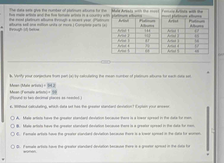 The data sets give the number of platinum albums for the
five male artists and the five female artists in a country wit
the most platinum albums through a recent year. (Platinum
albums sell one million units or more.) Complete parts (a)
through (d) below. 
on
b, Verify your conjecture from part (a) by calculating the mean number of platinum albums for each data set.
Mean (Male artists) =94.2
Mean (Female artists) =59
(Round to two decimal places as needed.)
c. Without calculating, which data set has the greater standard deviation? Explain your answer.
A. Male artists have the greater standard deviation because there is a lower spread in the data for men.
B. Male artists have the greater standard deviation because there is a greater spread in the data for men.
C. Female artists have the greater standard deviation because there is a lower spread in the data for women.
D. Female artists have the greater standard deviation because there is a greater spread in the data for
women.