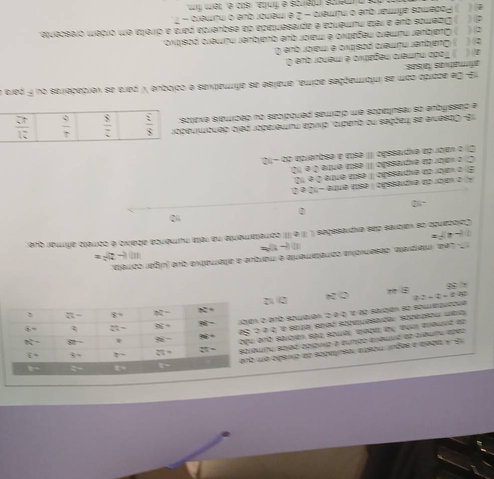 16-4 tabela a seguir mostra resultados da divisão em qu
cada número da primeir a coluna e dividido pelos númer
da primeira linha. Na tabeia, temos três vaiores que nã
foram mostrados, representados pelas letras a, b e c. 
encontrarmos os valores de α, à é c. veremos que o val
z-z-c
4、 58 B 44 C) 24 D)12
7- Leia, interprete, desenvolva correlamente e marque a alternativa que julgar corréta;
11 (-2)^2=
(-1)^6=
4f=
Colocando os valores das expressões I, II e III corretamente na reta numérica abaixo é correto afirmar que:
10
-
A) o vaior da expressão I está entre -10 e 0.
E) o vaior da expressão III está entre 0 e 10.
C) o valor da expressão IIII está entre 0 e 10,
D) o valor da expressão IIII está à esquerda x-0
*3- Obsenie as frações no quadro, divida numerador pelo denominado
e dassifique os resultados em dizimas periódicas ou decimais exatos:
19- De acordo com as informações acima, analise as afirmativas e coloque V para as verdadeiras ou F para a
afimatías faísas
a) ( ) Todo número negativo é menor que 0.
6) (( ) Qualquer número positivo é maior que 0.
c) ( ) Qualquer número negativo é maior que qualquer número positivo.
d) ( ) Dizemos que a reta numérica é apresentada da esquerda para a direita em ordem crescente.
el) ( ) Podemos afirmar que o número - 2 é menor que o número - 7.
inimeros inteiros é finita, isto é, tem fim,