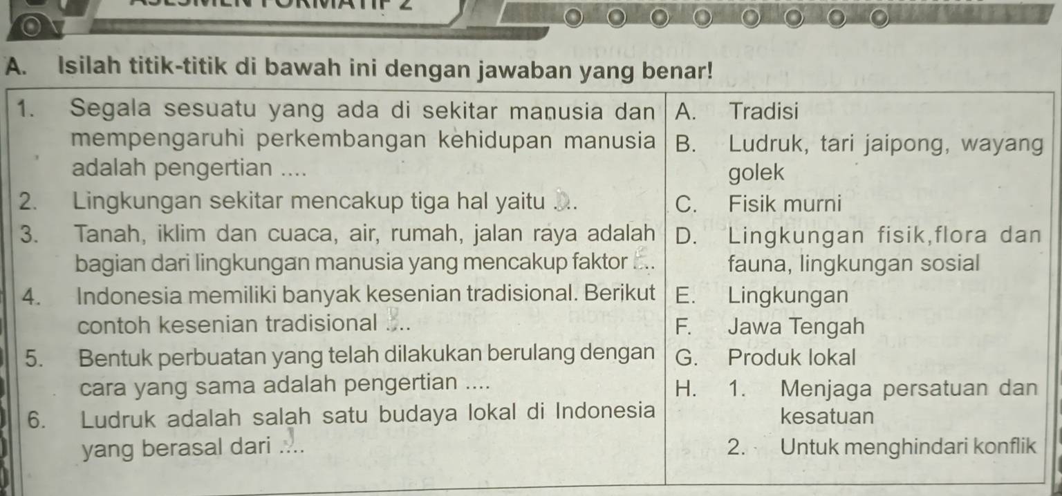 Isilah titik-titik di bawah ini dengan jawaban yang benar!
1. Segala sesuatu yang ada di sekitar manusia dan A. Tradisi
mempengaruhi perkembangan kehidupan manusia B. Ludruk, tari jaipong, wayang
adalah pengertian .... golek
2. Lingkungan sekitar mencakup tiga hal yaitu C. Fisik murni
3. Tanah, iklim dan cuaca, air, rumah, jalan raya adalah D. Lingkungan fisik,flora dan
bagian dari lingkungan manusia yang mencakup faktor . fauna, lingkungan sosial
4. Indonesia memiliki banyak kesenian tradisional. Berikut E. Lingkungan
contoh kesenian tradisional F. Jawa Tengah
5. Bentuk perbuatan yang telah dilakukan berulang dengan G. Produk lokal
cara yang sama adalah pengertian .... H. 1. Menjaga persatuan dan
6. Ludruk adalah salah satu budaya lokal di Indonesia kesatuan
yang berasal dari .... 2. Untuk menghindari konflik