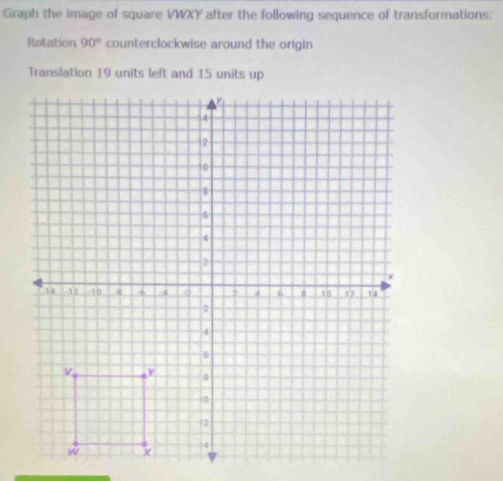 Graph the image of square VWXY after the following sequence of transformations: 
Rotation 90° counterclockwise around the origin 
Translation 19 units left and 15 units up