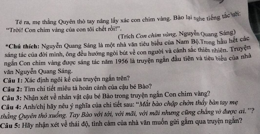 Té ra, mẹ thằng Quyên thò tay nâng lấy xác con chim vàng. Bào lại nghe tiếng tắc vời: 
“Trời! Con chim vàng của con tôi chết rồi!”. 
(Trích Con chim vàng, Nguyễn Quang Sáng) 
*Chú thích: Nguyễn Quang Sáng là một nhà văn tiêu biểu của Nam Bộ.Trong hầu hết các 
sáng tác của đời mình, ông đều hướng ngòi bút về con người và cảnh sắc thiên nhiên. Truyện 
ngắn Con chim vàng được sáng tác năm 1956 là truyện ngắn đầu tiên và tiêu biểu của nhà 
văn Nguyễn Quang Sáng. 
Câu 1: Xác định ngôi kể của truyện ngắn trên? 
Câu 2: Tìm chi tiết miêu tả hoàn cảnh của cậu bé Bào? 
Câu 3: Nhận xét về nhân vật cậu bé Bào trong truyện ngắn Con chim vàng? 
Câu 4: Anh/chị hãy nêu ý nghĩa của chi tiết sau: “Mắt bào chập chờn thấy bàn tay mẹ 
thắng Quyên thò xuống. Tay Bào với tới, với mãi, với mãi nhưng cũng chắng vớ được ai. '? 
Câu 5: Hãy nhận xét về thái độ, tình cảm của nhà văn muốn gửi gắm qua truyện ngắn?