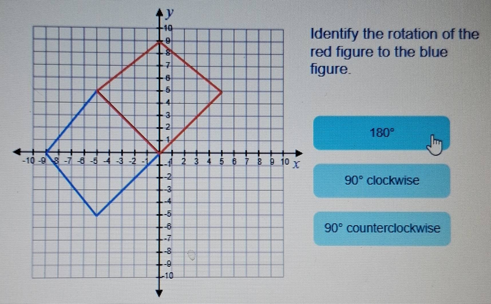 ntify the rotation of the
figure to the blue
ure.
180°
90° clockwise
90° counterclockwise