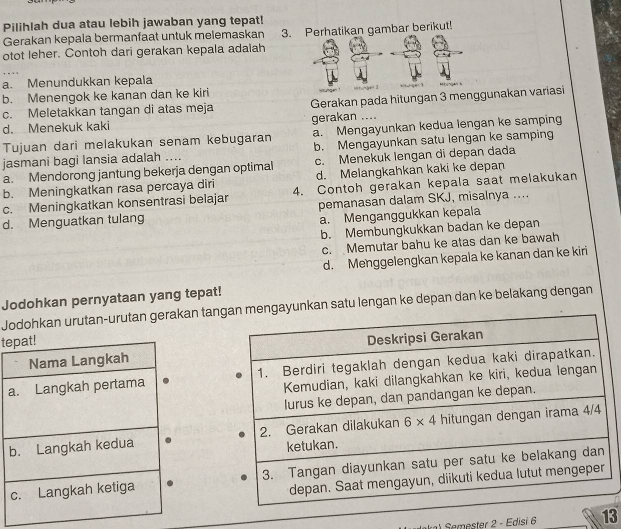 Pilihlah dua atau lebih jawaban yang tepat!
Gerakan kepala bermanfaat untuk melemaskan 3.ikan gambar berikut!
otot leher. Contoh dari gerakan kepala adalah
a. Menundukkan kepala
b. Menengok ke kanan dan ke kiri
c. Meletakkan tangan di atas meja Gerakan pada hitungan 3 menggunakan variasi
d. Menekuk kaki gerakan ....
Tujuan dari melakukan senam kebugaran a. Mengayunkan kedua lengan ke samping
jasmani bagi lansia adalah .... b. Mengayunkan satu lengan ke samping
a. Mendorong jantung bekerja dengan optimal c. Menekuk lengan di depan dada
b. Meningkatkan rasa percaya diri d. Melangkahkan kaki ke depan
c. Meningkatkan konsentrasi belajar 4. Contoh gerakan kepala saat melakukan
d. Menguatkan tulang pemanasan dalam SKJ, misalnya ....
a. Menganggukkan kepala
b. Membungkukkan badan ke depan
c. Memutar bahu ke atas dan ke bawah
d. Menggelengkan kepala ke kanan dan ke kiri
Jodohkan pernyataan yang tepat!
Jodohkan urutan-urutan gerakan tangyunkan satu lengan ke depan dan ke belakang dengan
te
a 
 
 
) Semester 2 - Edisi 6 13