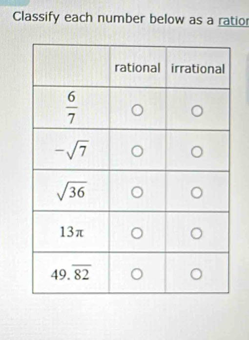 Classify each number below as a ratior