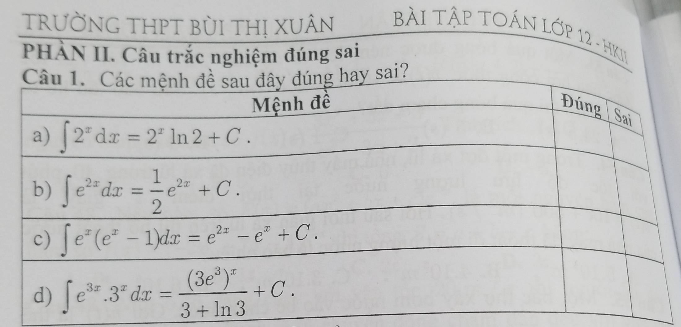 trườnG THPT Bùi Thị XUÂn
BàI TậP TOÁN LớP 12 - HKII
PHẢN II. Câu trắc nghiệm đúng sai