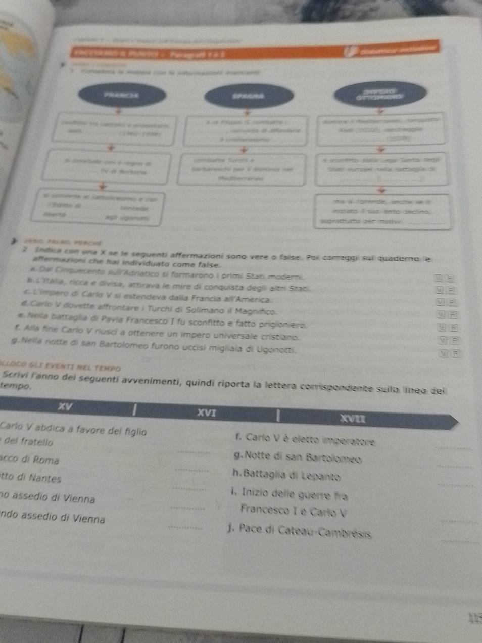 a
                    
3  Comesdna in mopqa can l sermasion mancantt
a
tses t commathe dcntin 6 matee hasees  conquestla
/1962?598)  cormais de difórderos Ford 520 acchegg=
= ===te po= (;=)
dl smretale c o regaes a combatts Tonns e * Seontitto dálla Saga Santa degi
Sarbarsschk der K döminig 1e6 Sue mropln neila sattagía di
Mediternarieo
el coneente al cafostcessms e con na a forande, inche se «
mato I sua ento declino.
#gh (gonom sudrattutto per mottvi_
2 Indica con una X se le seguenti affermazioni sono vere o false. Poil comreggi suii quaderno le
affermazioni che hai individuato come false.
#. Dal Cinquecento suil'Adriatico si formarono i primi Stati moderii. w n
à. i Italia, ricca e divisa, attirava le mire di conquista degil albr Staci.
W B
Limpero di Carío V si estendeva dalía Francia all'America.
w B
d. Carlo V dovette affrontare i Turchi di Solimano il Magnifico.
# Nella battaglia di Pavia Francesco I fu sconfitto e fatto prigioniere
yì j
f. Alla fine Carlo V riusci a ottenere un impero universale cristiano.
u s
g. Nella notte di san Bartolomeo furono uccisi migliaia di Ugonotti.
lLÖÇó GLi eVenTí NEl tempo
Scrivi lanno del seguentí avvenimenti, quindi riporta la lettera conispondente suila línea del
tempo.
XV
XVI XVII
_
Carlo V abdica a favore del figlio f. Carlo V é eletto imperatore
_
del  atel lo _g.Notte di san Bartolomeo
_
acco di Roma _h.Battaglia di Lepanto
itto di Nantes _i. Inizio delle guerre fra
_
no assedio di Vienna _Francesco I e Carlo V
_
ando assedio di Vienna _ J. Pace di Cateau-Cambrésis
105