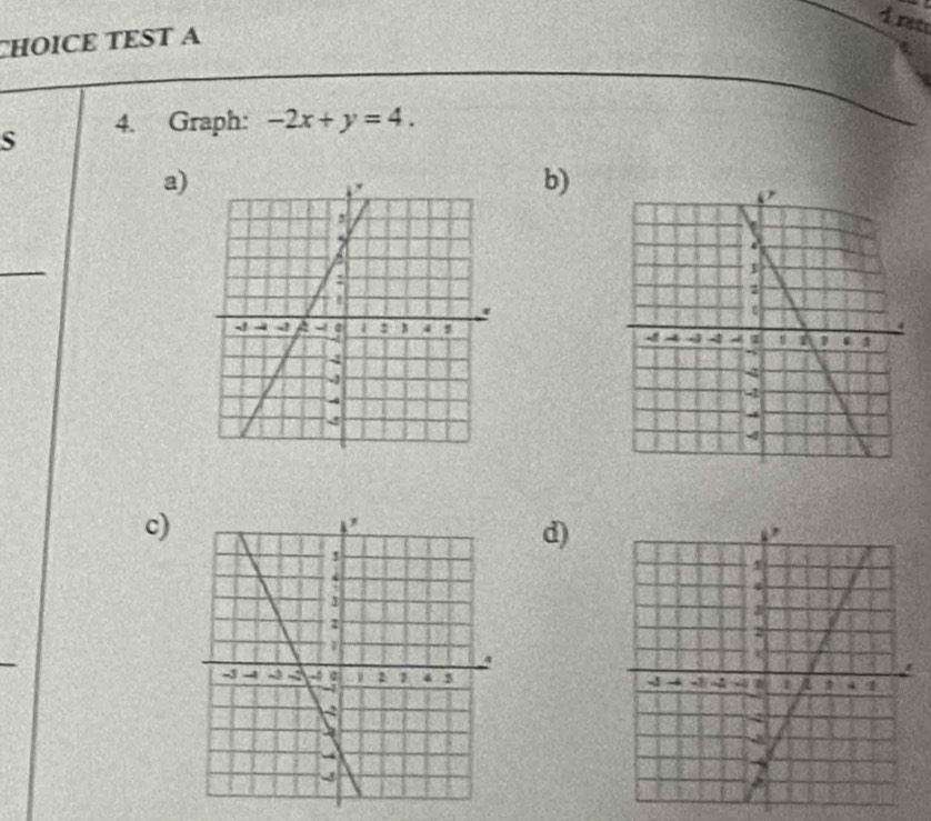 CHOICE TEST A 
S 4. Graph: -2x+y=4. 
a) 
b) 
_ 
c) 
d)