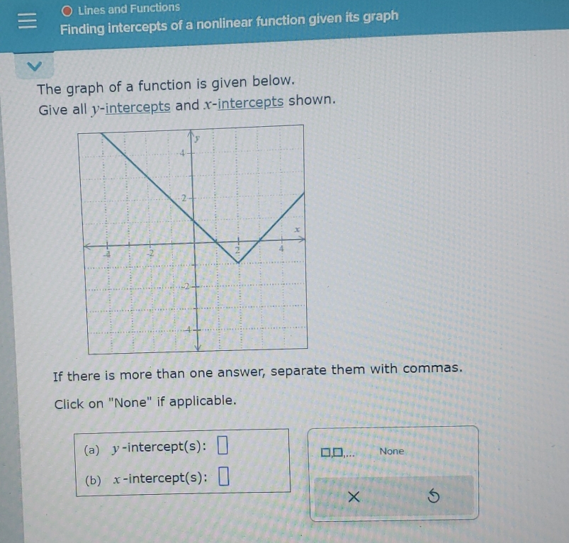 Lines and Functions 
Finding intercepts of a nonlinear function given its graph 
The graph of a function is given below. 
Give all y-intercepts and x-intercepts shown. 
If there is more than one answer, separate them with commas. 
Click on "None" if applicable. 
(a) γ -intercept(s): None 
(b) x-intercept(s): 
×