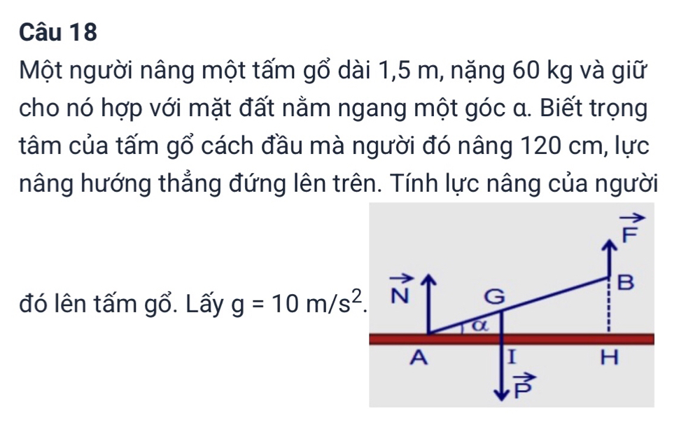 Một người nâng một tấm gổ dài 1,5 m, nặng 60 kg và giữ
cho nó hợp với mặt đất nằm ngang một góc α. Biết trọng
tâm của tấm gổ cách đầu mà người đó nâng 120 cm, lực
hâng hướng thẳng đứng lên trên. Tính lực nâng của người
đó lên tấm gổ. Lấy g=10m/s^2.