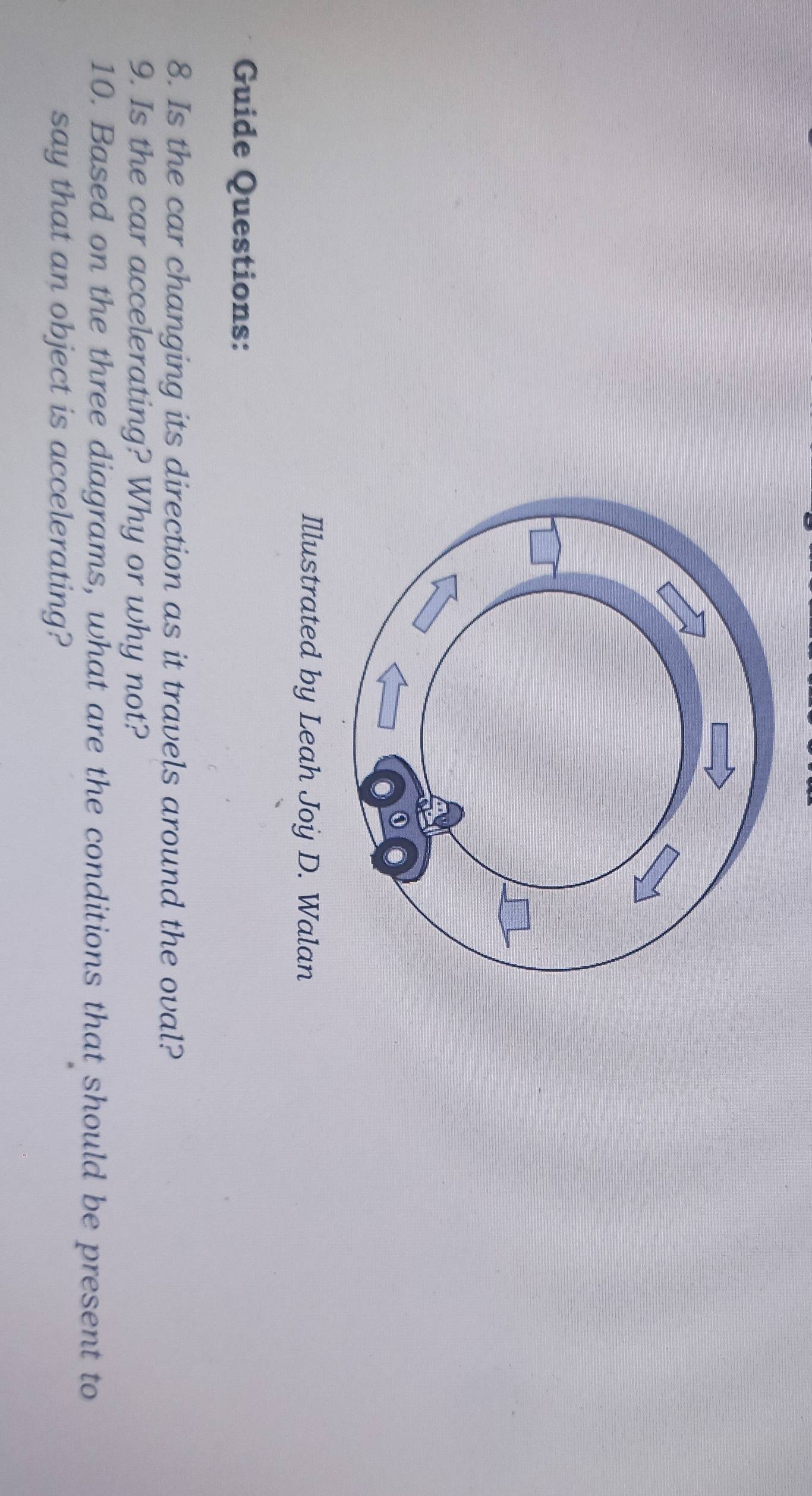 Illustrated by Leah Joy D. Walan 
Guide Questions: 
8. Is the car changing its direction as it travels around the oval? 
9. Is the car accelerating? Why or why not? 
10. Based on the three diagrams, what are the conditions that should be present to 
say that an object is accelerating?