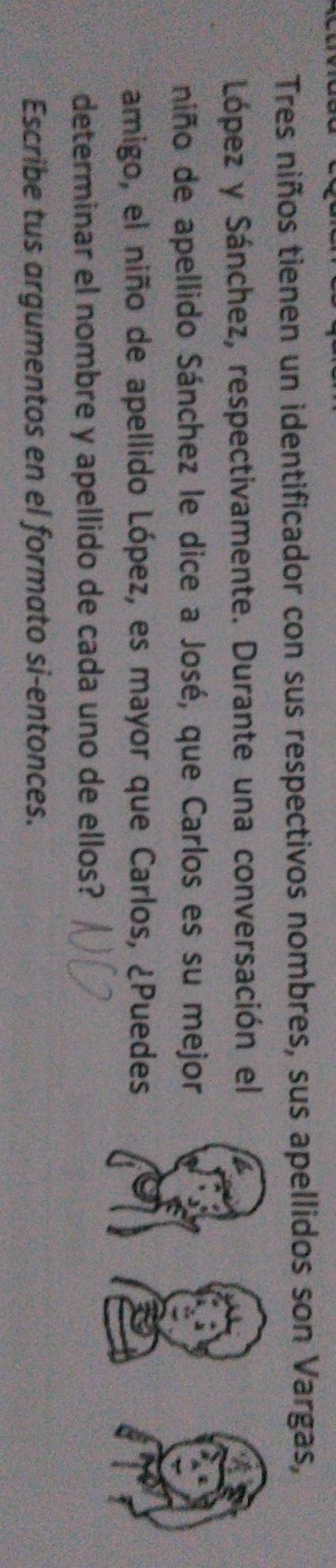 Tres niños tienen un identificador con sus respectivos nombres, sus apellidos son Vargas, 
López y Sánchez, respectivamente. Durante una conversación el 
niño de apellido Sánchez le dice a José, que Carlos es su mejor 
amigo, el niño de apellido López, es mayor que Carlos, ¿Puedes 
determinar el nombre y apellido de cada uno de ellos? 
Escribe tus argumentos en el formato si-entonces.