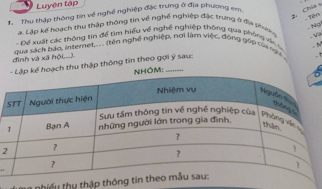 Luyện tập 
2. Chia s 
1. Thu thập thông tin về nghề nghiệp đặc trưng ở địa phương em. 
- Tên 
- Ng 
a. Lập kế hoạch thu thập thông tin về nghề nghiệp đặc trưng ở địa phương 
_ Va 
- Để xuất các thông tin để tìm hiểu về nghề nghiệp thông qua phỏng vấn - M 
qua sách báo, internet,.. (tên nghề nghiệp, nơi làm việc, đóng góp của ngệ 
đình và xã hội,...). 
kế hoạch thu thập thông tin theo gợi ý sau: 
↑ 
ÓM: 
2 
. 
thiếu thụ thập th