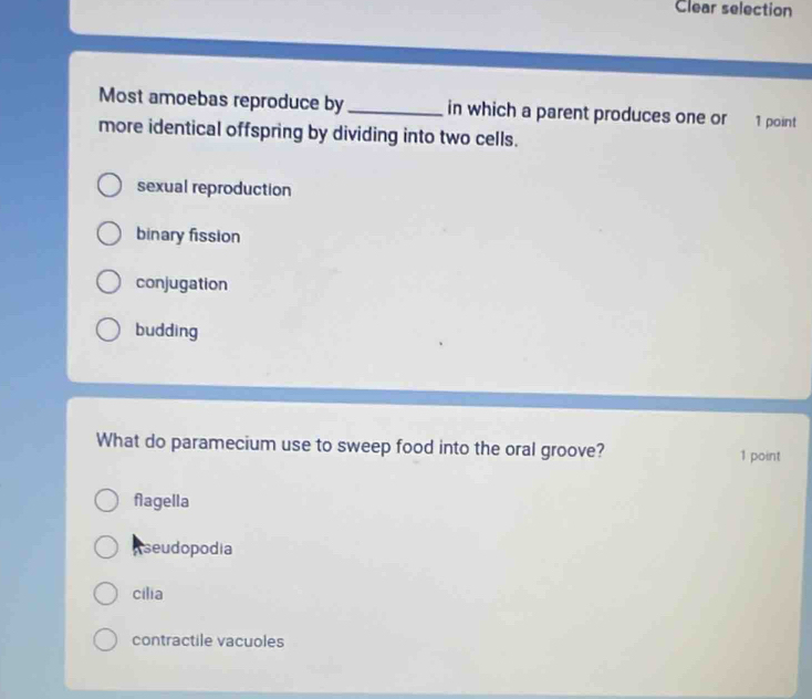 Clear selection
Most amoebas reproduce by_ in which a parent produces one or 1 point
more identical offspring by dividing into two cells.
sexual reproduction
binary fission
conjugation
budding
What do paramecium use to sweep food into the oral groove? 1 point
flagella
Aseudopodia
cilia
contractile vacuoles