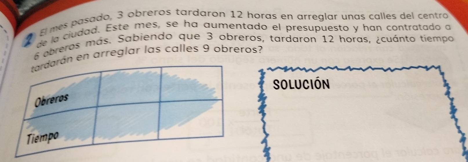 El mes pasado, 3 obreros tardaron 12 horas en arreglar unas calles del centro 
de la ciudad. Este mes, se ha aumentado el presupuesto y han contratado a
6 obreros más. Sabiendo que 3 obreros, tardaron 12 horas, ¿cuánto tiempo 
en arreglar las calles 9 obreros? 
Solución