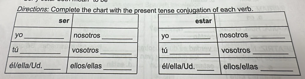 Directions: Complete the chart with the prese conjugation of each verb.