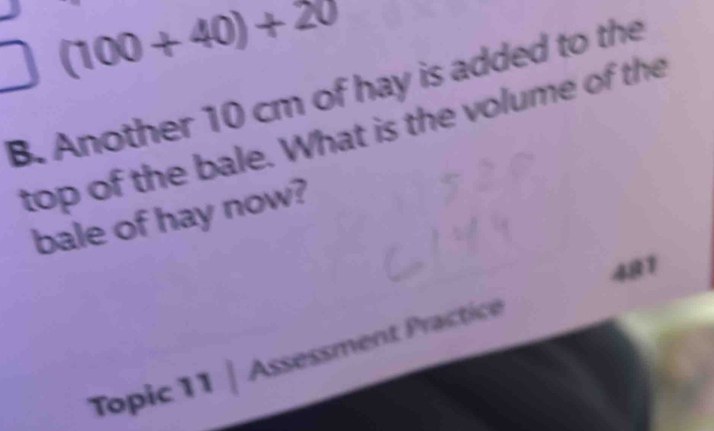 (100+40)+20
B. Another 10 cm of hay is added to the 
top of the bale. What is the volume of the 
bale of hay now? 
481 
Topic 11 | Assessment Practice