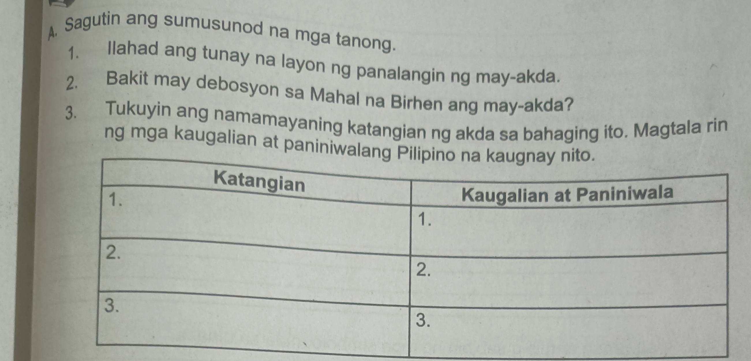 Sagutin ang sumusunod na mga tanong. 
1. Ilahad ang tunay na layon ng panalangin ng may-akda. 
2. Bakit may debosyon sa Mahal na Birhen ang may-akda? 
3. Tukuyin ang namamayaning katangian ng akda sa bahaging ito. Magtala rin 
ng mga kaugalian at paniniw