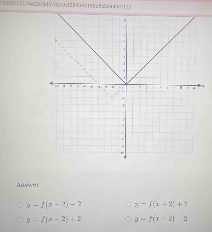 10282/25174422/0d57dae0cf089981180d5e8da48e2fb5
X
Answer
y=f(x-2)-2
y=f(x+2)+2
y=f(x-2)+2
y=f(x+2)-2