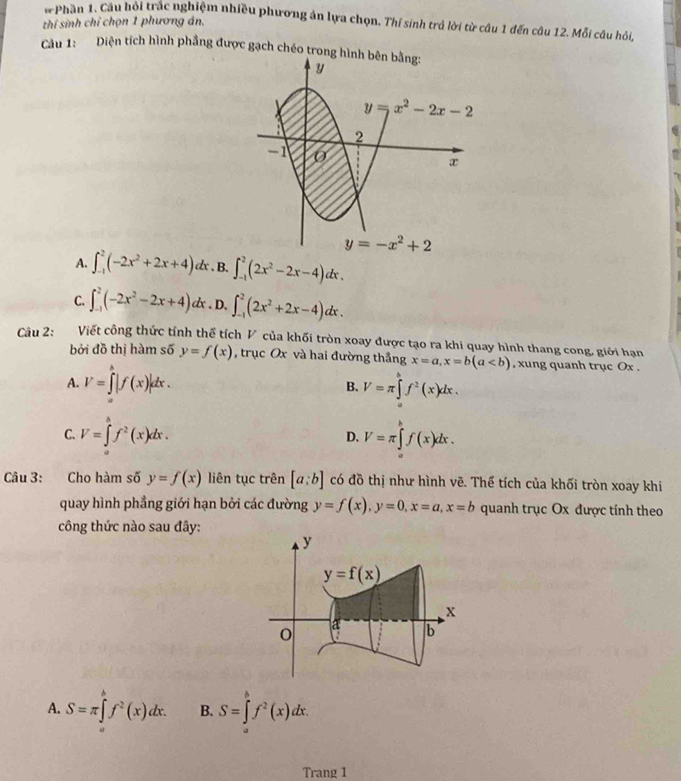Phần 1. Câu hỏi trắc nghiệm nhiều phương án lựa chọn. Thí sinh trả lời từ câu 1 đến câu 12. Mỗi câu hỏi,
thí sinh chỉ chọn 1 phương án,
Câu 1: Diện tích hình phẳng được gạch chéo trong h
A. ∈t _(-1)^2(-2x^2+2x+4)a lx . B. ∈t _(-1)^2(2x^2-2x-4)dx.
C. ∈t _(-1)^2(-2x^2-2x+4)dx. D. ∈t _(-1)^2(2x^2+2x-4)dx.
Câu 2: Viết công thức tính thể tích V của khối tròn xoay được tạo ra khi quay hình thang cong, giới hạn
bởi đồ thị hàm số y=f(x) , trục Ox và hai đường thắng x=a,x=b(a , xung quanh trục Ox .
A. V=∈tlimits^h|f(x)|dx. V=π ∈tlimits _a^(bf^2)(x)dx.
B.
C. V=∈tlimits _0^(bf^2)(x)dx. V=π ∈tlimits _a^(bf(x)dx.
D.
Câu 3: Cho hàm số y=f(x) liên tục trên [a;b] có đồ thị như hình vẽ. Thể tích của khối tròn xoay khi
quay hình phẳng giới hạn bởi các đường y=f(x),y=0,x=a,x=b quanh trục Ox được tính theo
công thức nào sau đây:
A. S=π ∈tlimits _a^bf^2)(x)dx. B. S=∈tlimits _a^(bf^2)(x)dx.
Trang 1