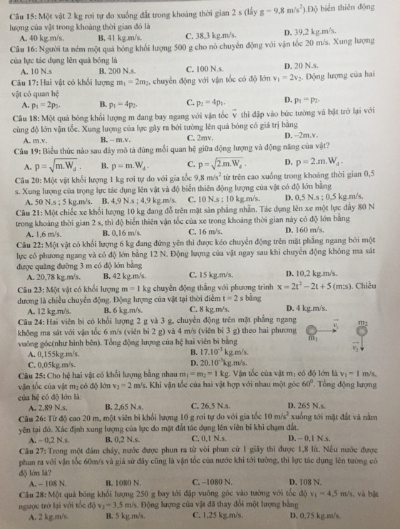 Cu 15: Một vật 2 kg rơi tự do xuống đất trong khoảng thời gian 2 s (lấy g=9,8m/s^2) 1.Độ biển thiên động
lượng của vật trong khoảng thời gian đó là
A. 40 kg.m/s. B. 41 kg.m/s. C. 38,3 kg.m/s. D. 39,2 kg.m/s.
Câu 16: Người ta ném một quả bóng khối lượng 500 g cho nó chuyển động với vận tốc 20 m/s. Xung lượng
của lực tác dụng lên quả bóng là
A. 10 N.s B. 200 N.s. C. 100 N.s. D. 20 N.s.
Câu 17: Hai vật có khối lượng m_1=2m_2 chuyển động với vận tốc có độ lớn v_1=2v_2 Động lượng của hai
vật có quan hệ
A. p_1=2p_2. B. p_1=4p_2. C. p_2=4p_1. D. p_1=p_2.
Câu 18: Một quả bóng khổi lượng m đang bay ngang với vận tốc v thì đập vào bức tường và bật trở lại với
cùng độ lớn vận tốc. Xung lượng của lực gây ra bởi tường lên quả bóng có giá trị bằng
A. m.v. B, - m.v. C. 2mv. D. -2m.v.
Câu 19: Biểu thức nào sau đây mô tả đúng mối quan hệ giữa động lượng và động năng của vật?
A. p=sqrt(m.W_d). B. p=m.W_d. C. p=sqrt(2.m.W_d). D. p=2.m.W_4.
Câu 20: Một vật khối lượng 1 kg rơi tự do với gia tốc 9,8m/s^2 từ trên cao xuống trong khoảng thời gian 0,5
s. Xung lượng của trọng lực tác dụng lên vật và độ biển thiên động lượng của vật có độ lớn bằng
A. 50 N.s ; 5 kg.m/s. B. 4,9 N.s ; 4,9 kg.m/s. C. 10 N.s ; 10 kg.m/s. D. 0,5 N.s ; 0,5 kg.m/s,
Câu 21: Một chiếc xe khổi lượng 10 kg đang đỗ trên mặt sản phẳng nhẫn. Tác dụng lên xe một lực đây 80 N
trong khoảng thời gian 2 s, thì độ biển thiên vận tốc của xe trong khoảng thời gian này có độ lớn bằng
A. 1,6 m/s. B. 0,16 m/s. C. 16 m/s. D. 160 m/s.
Câu 22: Một vật có khối lượng 6 kg đang đứng yên thì được kéo chuyển động trên mặt phẳng ngang bởi một
lực có phương ngang và có độ lớn bằng 12 N. Động lượng của vật ngay sau khi chuyển động không ma sát
được quãng đường 3 m có độ lớn bằng
A. 20,78 kg.m/s. B. 42 kg.m/s. C. 15 kg.m/s. D. 10,2 kg.m/s.
Câu 23: Một vật có khối lượng m=1 kg chuyển động thẳng với phương trình x=2t^2-2t+5(m;s). Chiều
dương là chiều chuyển động. Động lượng của vật tại thời điểm t=2s bằng D. 4 kg.m/s.
A. 12 kg.m/s. B. 6 kg.m/s. C. 8 kg.m/s.
Câu 24: Hai viên bi có khổi lượng 2 g và 3 g, chuyển động trên mặt phẳng ngang
không ma sát với vận tốc 6 m/s (viên bi 2 g) và 4 m/s (viên bi 3 g) theo hai phương vector v_1 m_2
vuông góc(như hình bên). Tổng động lượng của hệ hai viên bi bằng m_1 vector v_2
B.
A. 0,155kg.m/s. 17.10^(-3) kg.m/s.
C. 0,05kg.m/s. D. 20.10^(-3)k;g.m/s.
Câu 25: Cho hệ hai vật có khổi lượng bằng nhau m_1=m_2=1kg. Vận tốc của vật mị có độ lớn là v_1=1 m/s,
vận tốc của vật m_2 có độ lớn v_2=2m/s. Khi vận tốc của hai vật hợp với nhau một góc 60°. Tổng động lượng
của hệ có độ lớn là:
A. 2,89 N.s. B. 2,65 N.s. C. 26,5 N.s. D. 265 N.s.
Câu 26: Từ độ cao 20 m, một viên bi khối lượng 10 g rơi tự do với gia tốc 10m/s^2 xuống tới mặt đất và nằm
yên tại đó. Xác định xung lượng của lực do mặt đất tác dụng lên viên bi khi chạm đất.
A. - 0,2 N.s. B. 0,2 N.s. C. 0,1 N.s. D. - 0,1 N.s.
Câu 27: Trong một đám cháy, nước được phun ra từ vòi phun cứ 1 giây thì được 1,8 lít. Nếu nước được
phun ra với vận tốc 60m/s và giá sử đây cũng là vận tốc của nước khi tới tường, thì lực tác dụng lên tường có
độ lớn là?
A. - 108 N. B. 1080 N. C. −1080 N. D. 108 N.
Câu 78° : Một quả bóng khổi lượng 250 g bay tới đập vuỡng góc vào tường với tốc đô v_1=4.5m/s , và bật
ngược trở lại với tốc độ v_2=3,5 m/s. Động lượng của vật đã thay đổi một lượng bằng
A. 2 kg.m/s. B. 5 kg.m/s. C. 1,25 kg.m/s. D. 0,75 kg.m/s.