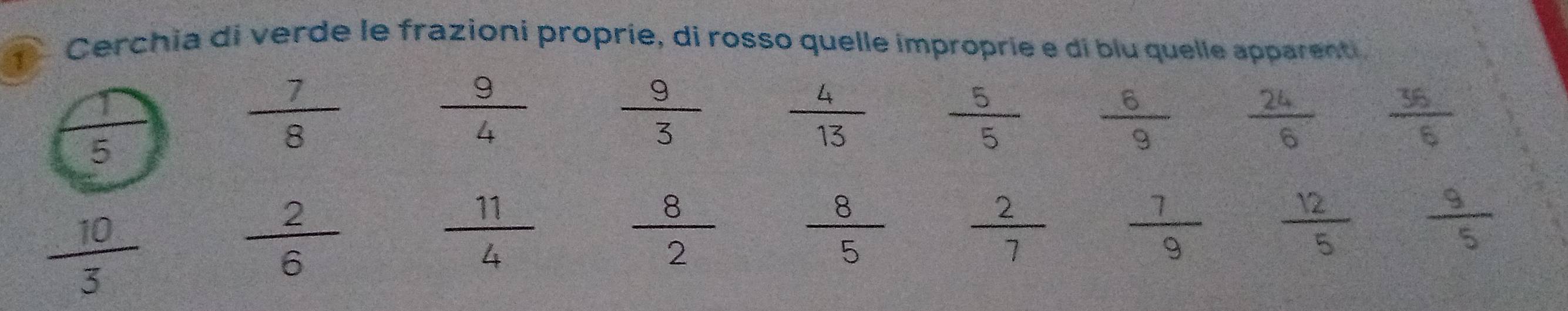 Cerchia di verde le frazioni proprie, di rosso quelle improprie e di blu quelle apparenti.
5
 7/8 
 9/4 
 9/3   4/13   5/5   6/9   24/6   36/6 
 10/3 
 2/6 
 11/4 
 8/2 
 8/5   2/7   7/9   12/5   9/5 