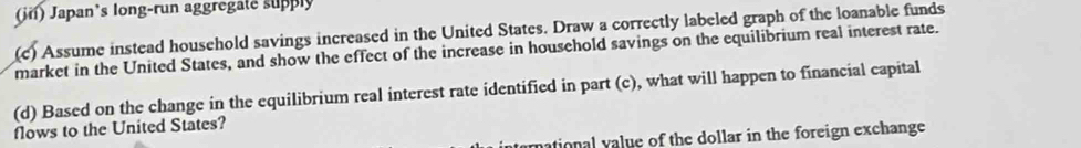 (jn) Japan's long-run aggregate supply 
(c) Assume instead household savings increased in the United States. Draw a correctly labeled graph of the loanable funds 
market in the United States, and show the effect of the increase in household savings on the equilibrium real interest rate. 
(d) Based on the change in the equilibrium real interest rate identified in part (c), what will happen to financial capital 
flows to the United States? 
arnational value of the dollar in the foreign exchange