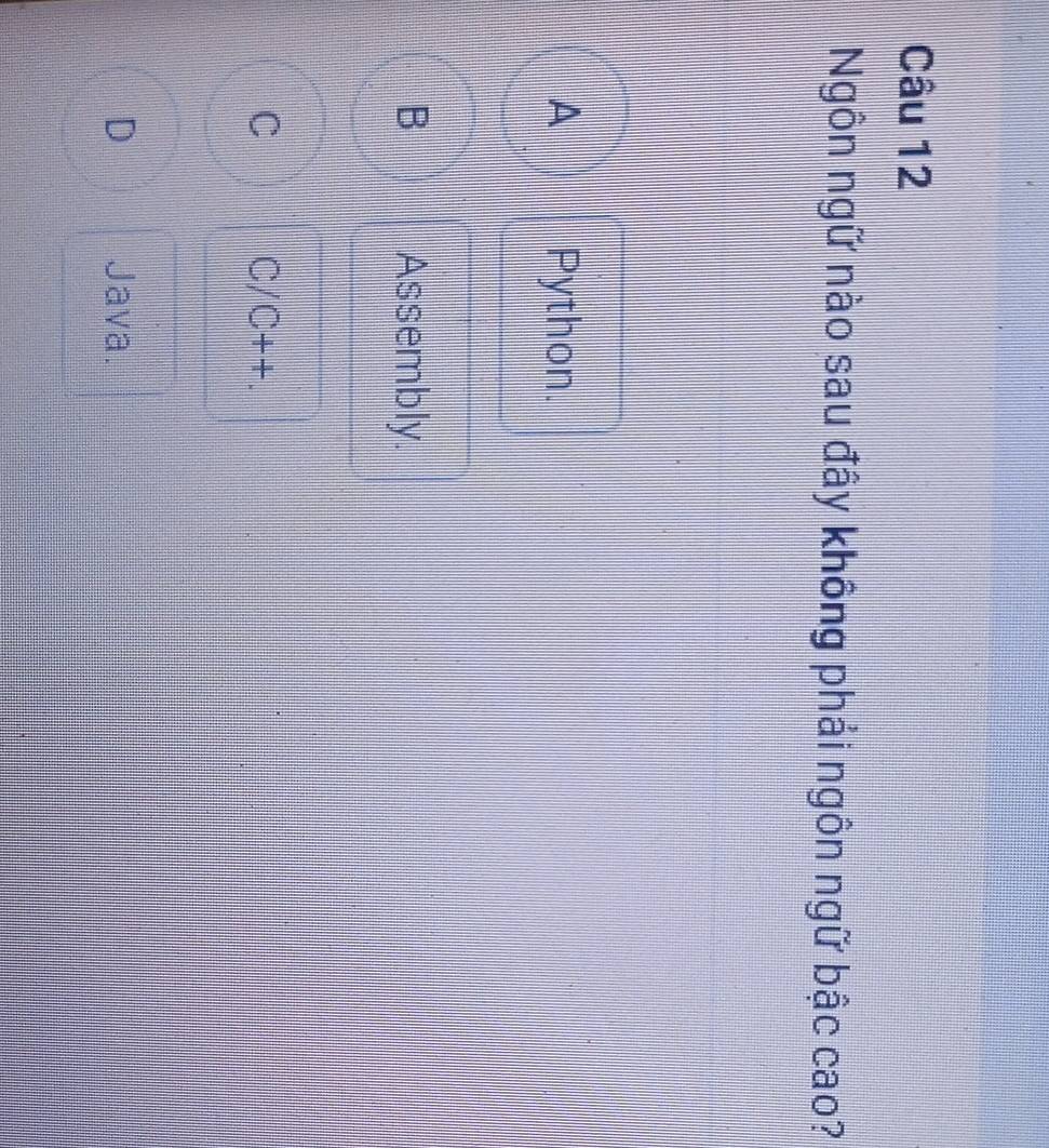 Ngôn ngữ nào sau đây không phải ngôn ngữ bậc cao?
A Python.
B Assembly.
C C/C++.
D Java.