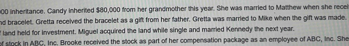 inheritance. Candy inherited $80,000 from her grandmother this year. She was married to Matthew when she recei 
nd bracelet. Gretta received the bracelet as a gift from her father. Gretta was married to Mike when the gift was made. 
f land held for investment. Miguel acquired the land while single and married Kennedy the next year. 
of stock in ABC, Inc. Brooke received the stock as part of her compensation package as an employee of ABC, Inc. She