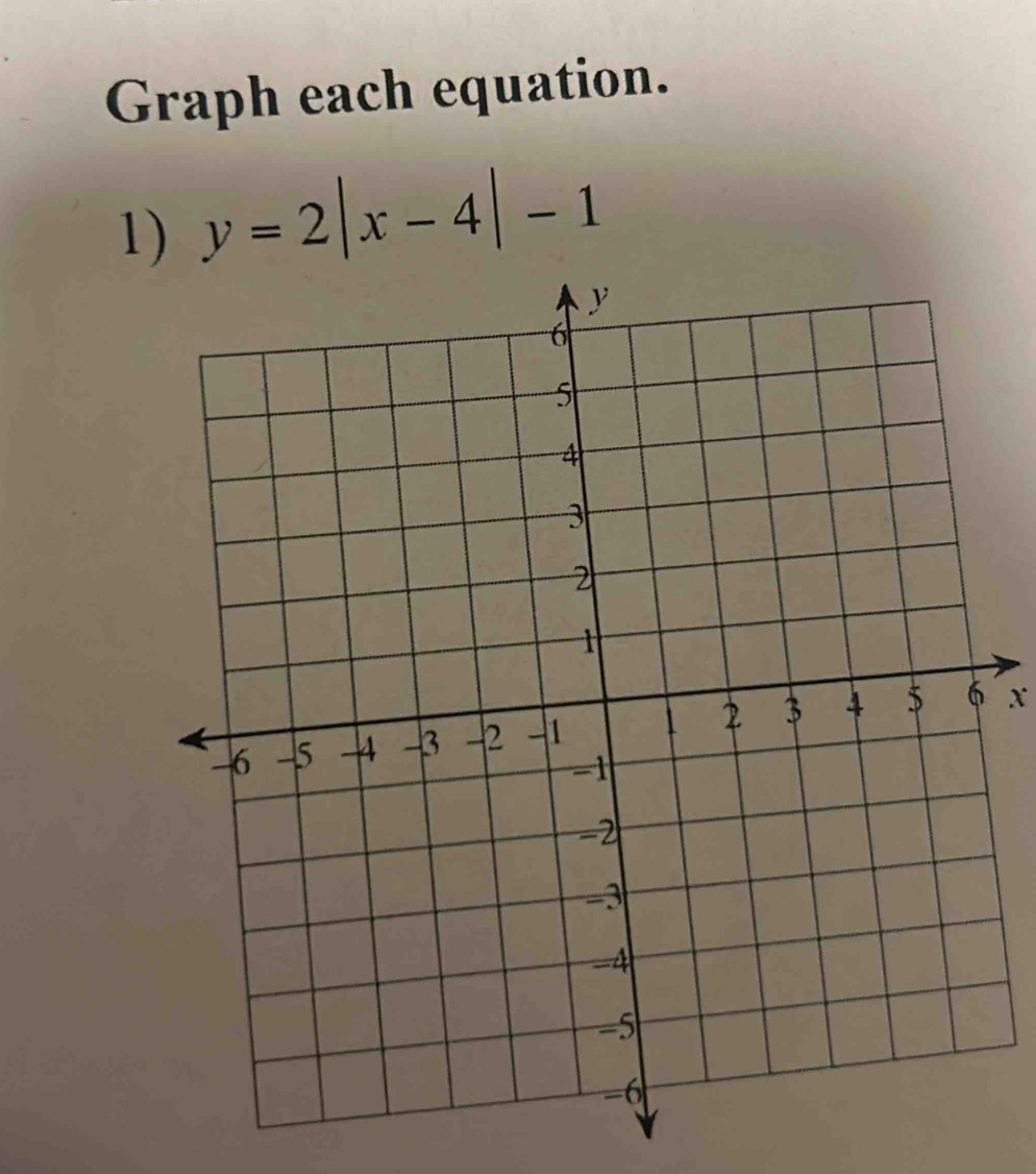 Graph each equation. 
1) y=2|x-4|-1
X