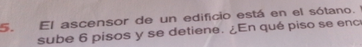 El ascensor de un edificio está en el sótano. 
sube 6 pisos y se detiene. ¿En qué piso se enc