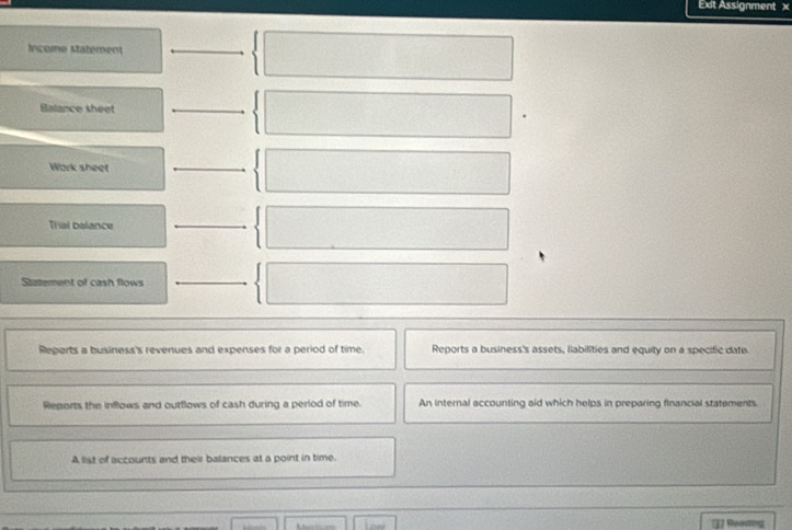 Ext Assignment x 
Income Matement 
Balance sheet 
Work sheet 
Tral balance 
Statement of cash flows 
Reperts a business's revenues and expenses for a period of time. Reports a business's assets, liabilities and equity on a specific date. 
Reports the inflows and outtlows of cash during a perlod of time. An internal accounting aid which helps in preparing financial statements. 
A list of accounts and their balances at a point in time. 
3J Reeding