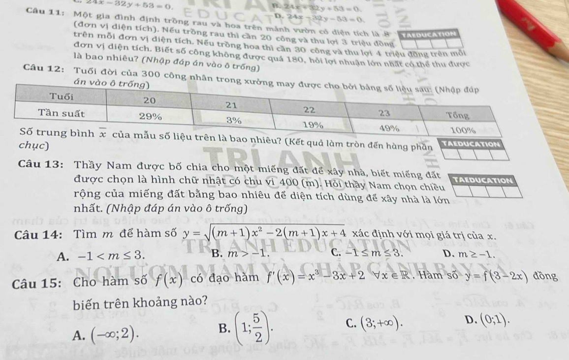 432y+53=0.
24x-32y+53=0. D. 24x -32y-53=0.
Câu 11: Một gia đình định trồng rau và hoa trên mảnh vườn cổ diện tích là 8 TAEDUCATION
(đơn vị diện tích), Nếu trồng rau thì cần 20 công và thu lợi 3 triệu đồng
trên mỗi đơn vị diện tích. Nếu trồng hoa thì cần 30 công và thu lợi 4 triệu đồng trên mỗi
đơn vị diện tích. Biết số công không được quá 180, hỏi lợi nhuận lớn nhất có thể thu được
là bao nhiêu? (Nhập đáp án vào ô trống)
Câu 12: Tuối đời của 300 công nhân tron
nhiêu? (Kết quả làm tròn đến hàng phần TAEDUCATION
chục)
Câu 13: Thầy Nam được bố chia cho một miếng đất để xây nhà, biết miếng đất TAEDUCATION
được chọn là hình chữ nhật có chu vi 400 (m). Hỏi thầy Nam chọn chiều
rộng của miếng đất bằng bao nhiêu để diện tích dùng để xây nhà là lớn
nhất. (Nhập đáp án vào ô trống)
Câu 14: Tìm m để hàm số y=sqrt((m+1)x^2-2(m+1)x+4) xác định với mọi giá trị của x.
A. -1 B. m>-1. C. -1≤ m≤ 3. D. m≥ -1.
Câu 15: Cho hàm số f(x) có đạo hàm f'(x)=x^3-3x+2° vector v x∈ R , Hàm số y=f(3-2x) đồng
biến trên khoảng nào?
D.
A. (-∈fty ;2).
B. (1; 5/2 ).
C. (3;+∈fty ). (0;1).