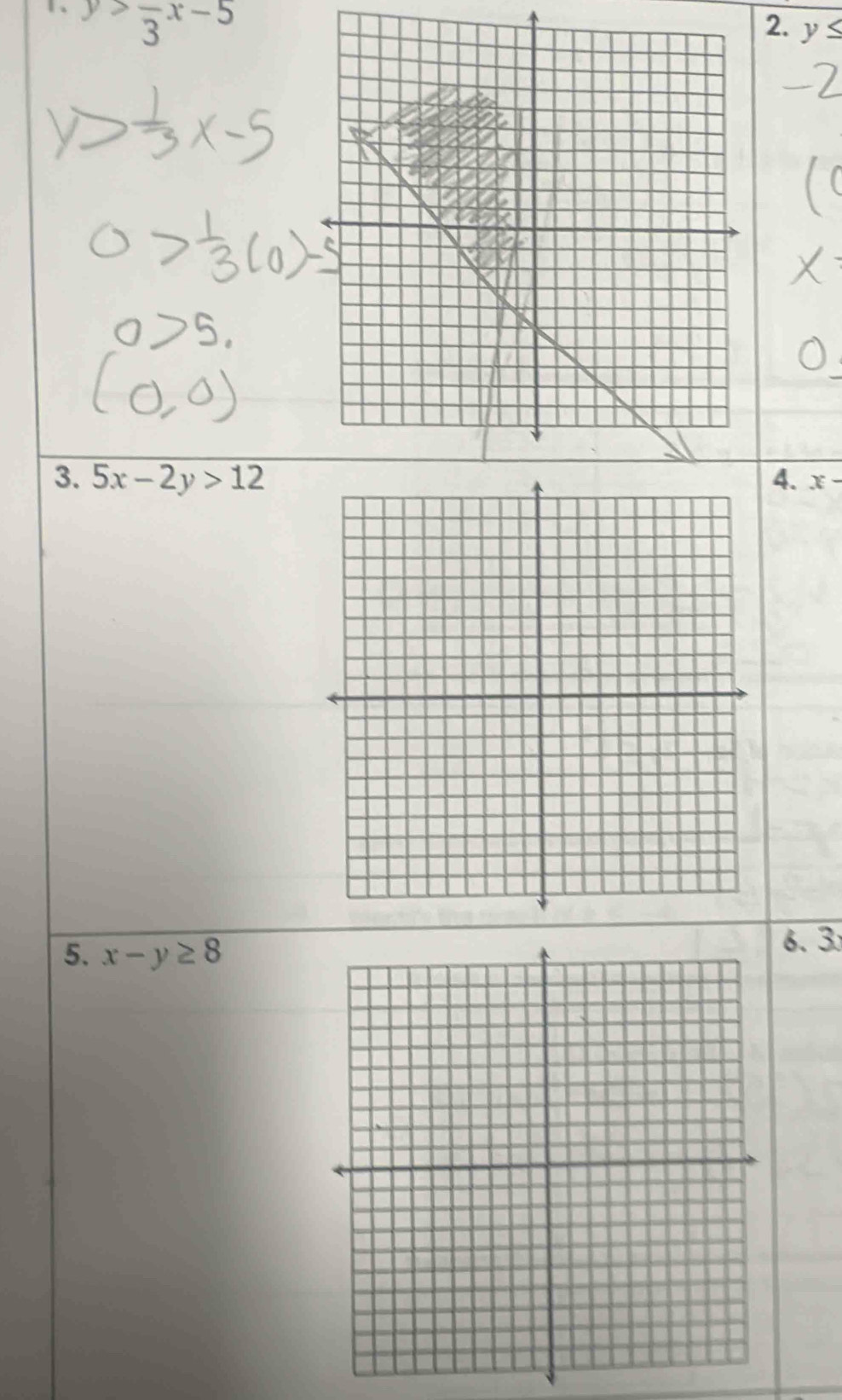 y>frac 3x-5
2. y≤
3. 5x-2y>12 4. x-
5. x-y≥ 8
6. 3