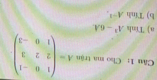 Cho ma trận A=beginpmatrix 1&0&-1 2&2&3 1&0&-3endpmatrix. 
a) Tính A^3-6A. 
b) Tính A^(-1).