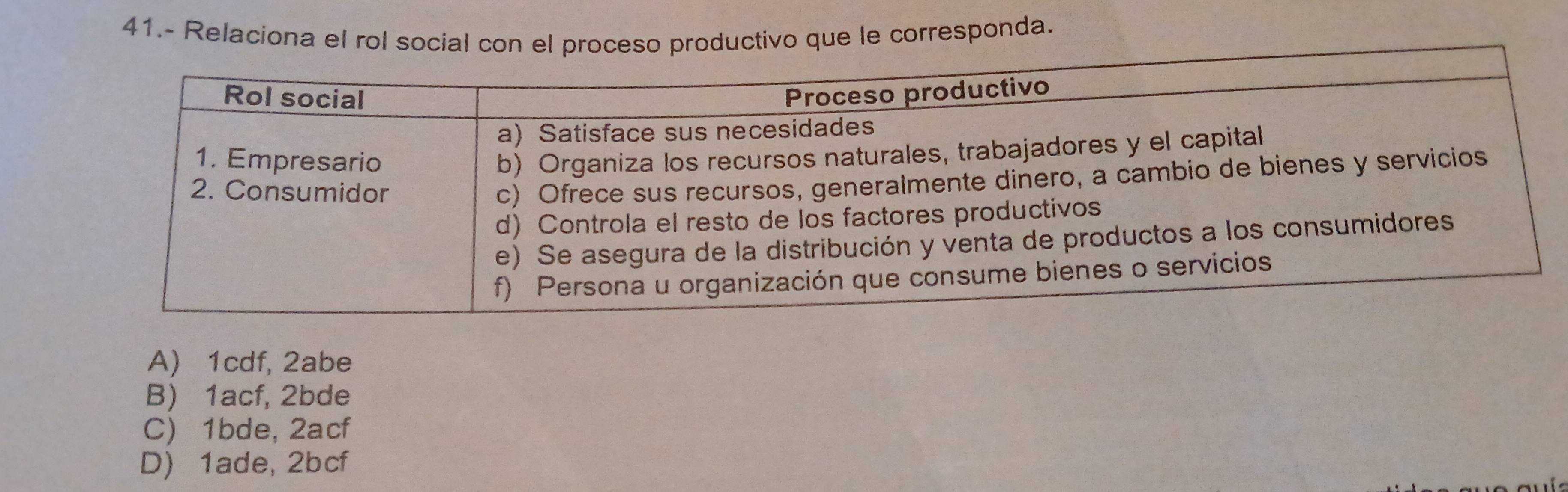 41.- Relaciona el rol social cono productivo que le corresponda.
A) 1cdf, 2abe
B) 1acf, 2bde
C) 1bde, 2acf
D) 1ade, 2bcf