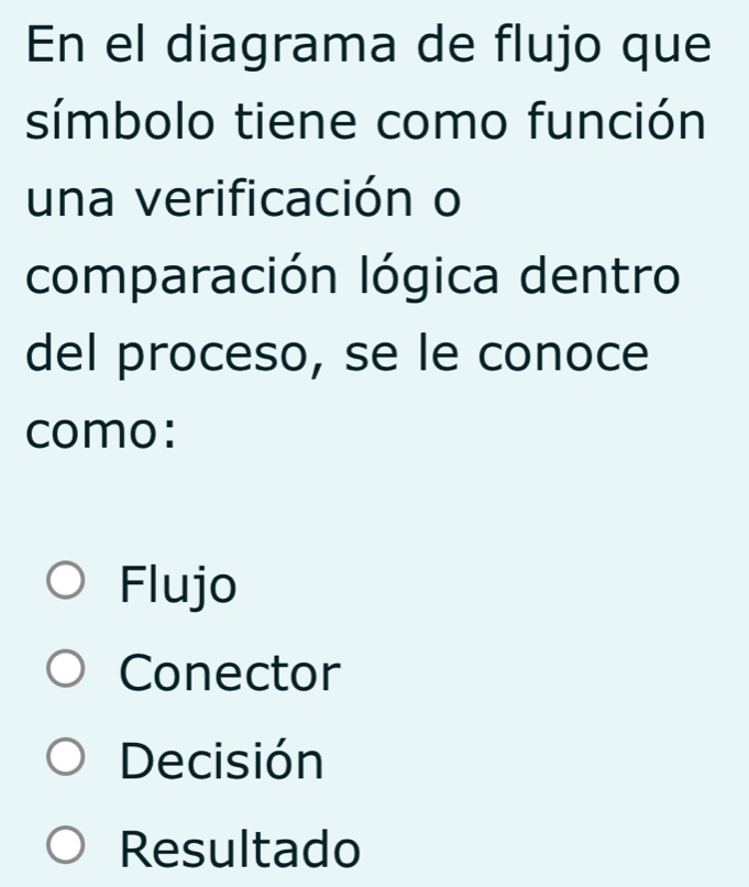 En el diagrama de flujo que
símbolo tiene como función
una verificación o
comparación lógica dentro
del proceso, se le conoce
como:
Flujo
Conector
Decisión
Resultado