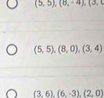 (5,5),(8,-4), (3,0
(5,5), (8,0),(3,4)
(3,6),(6,-3),(2,0)