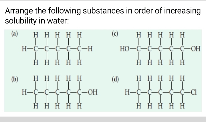 Arrange the following substances in order of increasing
solubility in water:
(a(c)
 
(b(d