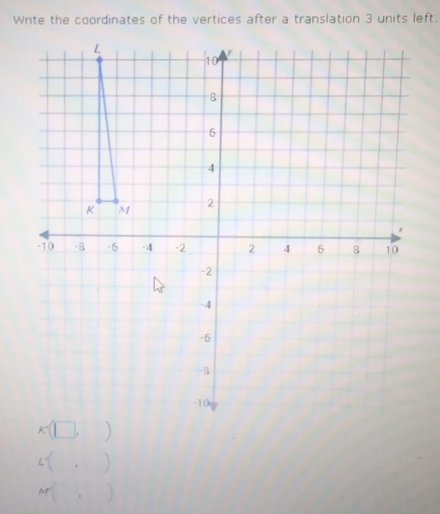 Write the coordinates of the vertices after a translation 3 units left.
K° ).sqrt(circ ) ) 
.