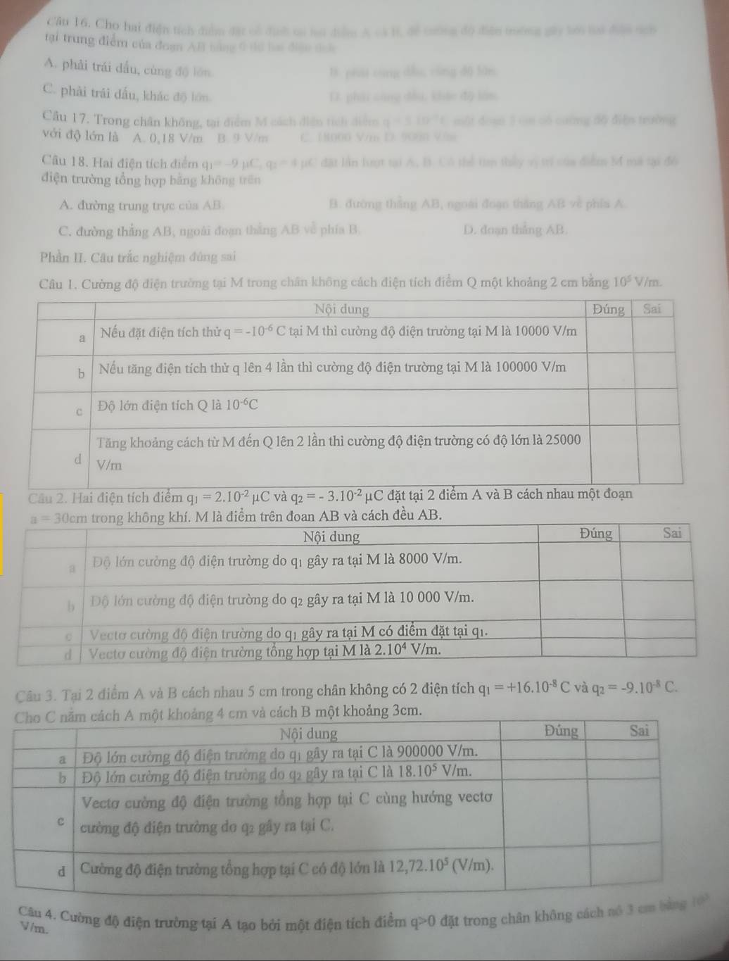 Cầu 16. Cho hai điện tích điểm đặi có định ta tại điễm A cà B, đề tường độ điễn trướng gây bới tại đàn nch
tại trung điểm của đoạn AB bằng 6 tể bai điệu đoh
A. phải trái dấu, cùng độ lớn
B. pui cùng dòu cáng dū làn
C. phải trái đấu, khác độ lớn D. phải cùng đầu, khác độ làn,
Câu 17. Trong chân không, tại điểm M cách điện tích diễm q=510^(-1)t một doạn 3 un có cường dồ điện trường
với độ lớn là A. 0,18 V/m B. 9 V/m C. 18000 V/m D. 9000 Vm
Câu 18. Hai điện tích điểm q_1=-9 C_1q_2=4 pC đặt lần lượt tại A, B. Có thể tin thấy vị trí của điễm M mã tại đó
điện trường tổng hợp bằng khōng trên
A. đường trung trực của AB B. đường thắng AB, ngoài đoạn thắng AB về phía A
C. đường thẳng AB, ngoài đoạn thắng AB về phía B. D. đoạn thắng AB.
Phần II. Câu trắc nghiệm đúng sai
Câu 1. Cường độ điện trường tại M trong chân không cách điện tích điểm Q một khoảng 2 cm bằng 10^5 V/m.
Câu 2. Hai điện tích điểm q_1=2.10^(-2)mu C và q_2=-3.10^(-2)mu C
iểm trên đoan AB và cách đều AB.
Câu 3. Tại 2 điểm A và B cách nhau 5 cm trong chân không có 2 điện tích q_1=+16.10^(-8)C và q_2=-9.10^(-8)C.
Câu 4. Cường độ điện trường tại A tạo bởi một điện tích điểm q>0 đặt trong chân không cách nó 3 
V /m.