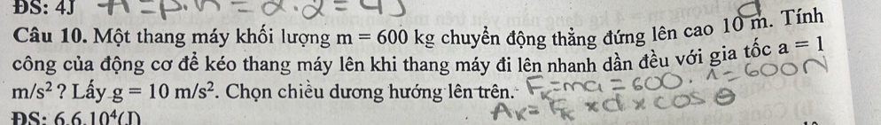 ĐS: 4J 
Câu 10. Một thang máy khối lượng m=600kg chuyển động thẳng đứng lên cao 10 m. Tính 
công của động cơ để kéo thang máy lên khi thang máy đi lên nhanh dần đều với gia tốc a=1
m/s^2 ? Lấy g=10m/s^2. Chọn chiều dương hướng lên trên
6610^4(I)